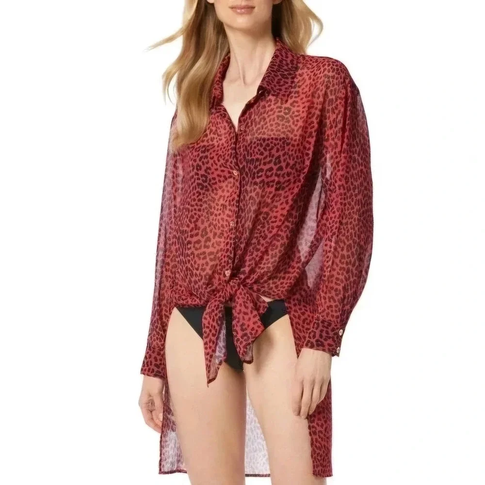 Michael Kors Women Animal Print Sheer Cover Up Red‎ Sea Coral Size L